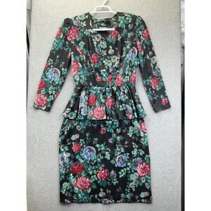Vintage 80s Whirlaway Floral Peplum Dress Women’s Petite 14 Colorful Midi